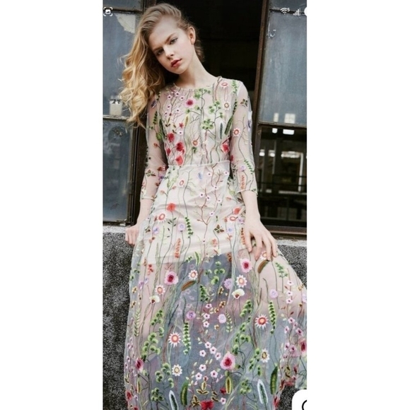Misslook Mesh Sheer Floral Embroidered Dress Boho Cottagecore Midi 3/4 Sleeve 12 - Picture 2 of 16